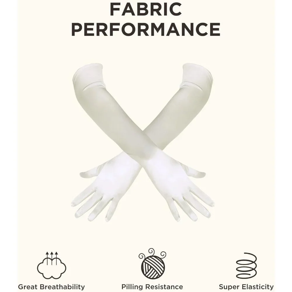 Women's Off-White Vintage Satin Long Gloves Party Costume Stretchy Elbow Length